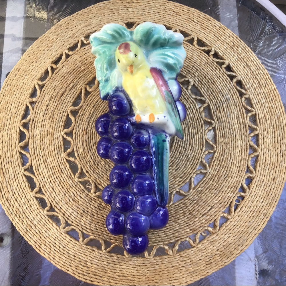 Vintage Pre 1960 Ceramic Wall Decor, Colorful Parrot on Grapes